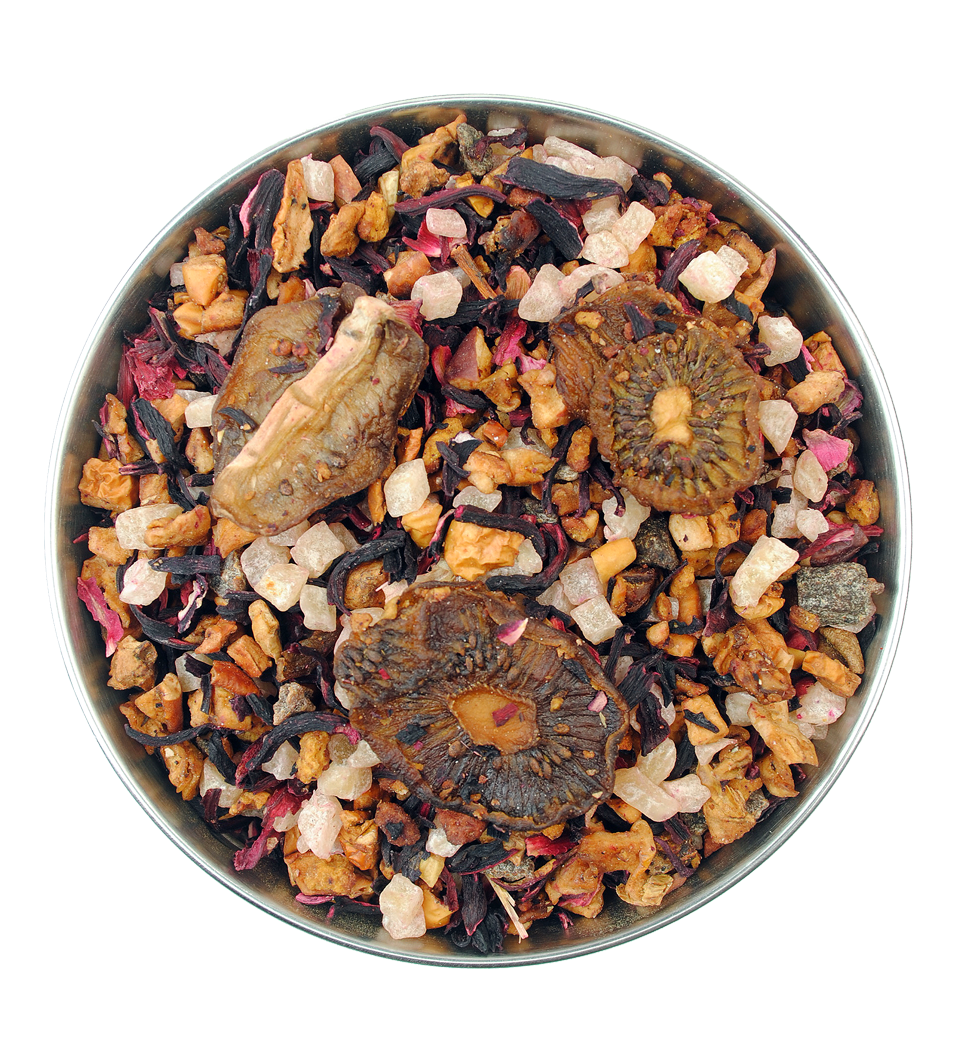 a fruit tea with kiwi slices and a peach taste