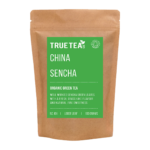 china sencha organic green tea in brown kraft packaging with a green label.