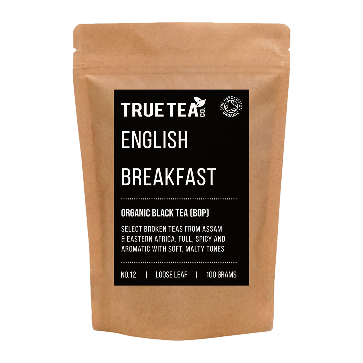 English Breakfast Organic Black Tea tea product in a brown Kraft packet which is eco friendly.