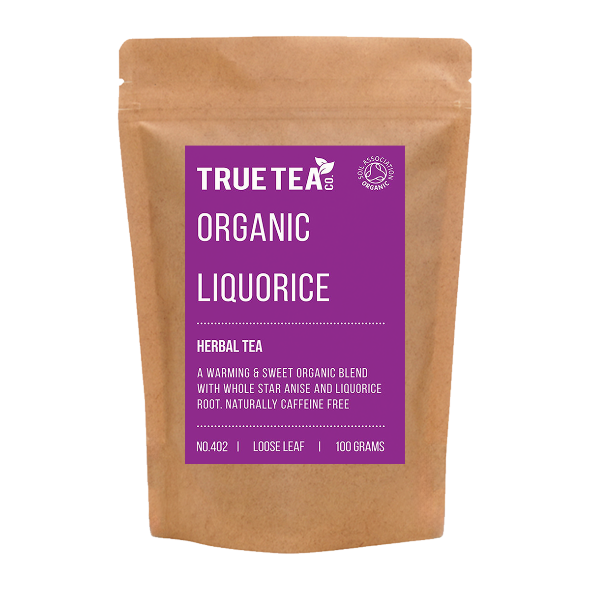 Organic Liquorice Tea in brown kraft packaging with a purple label on the front.