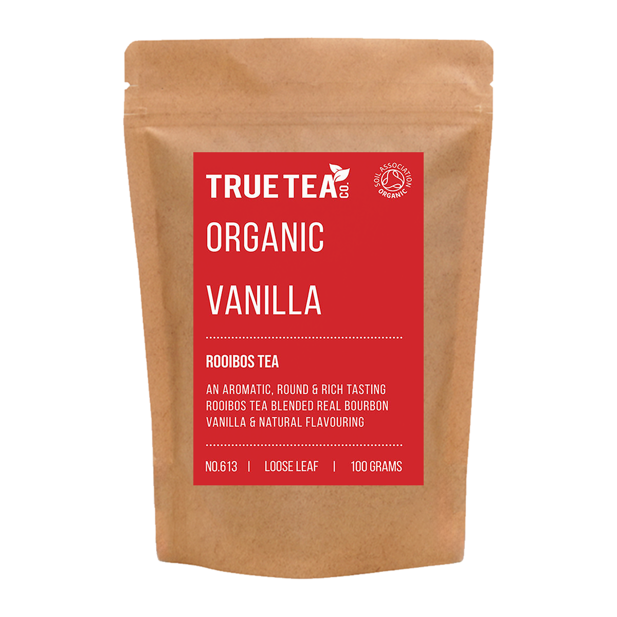 Organic Vanilla Rooibos Tea in eco friendly packaging.