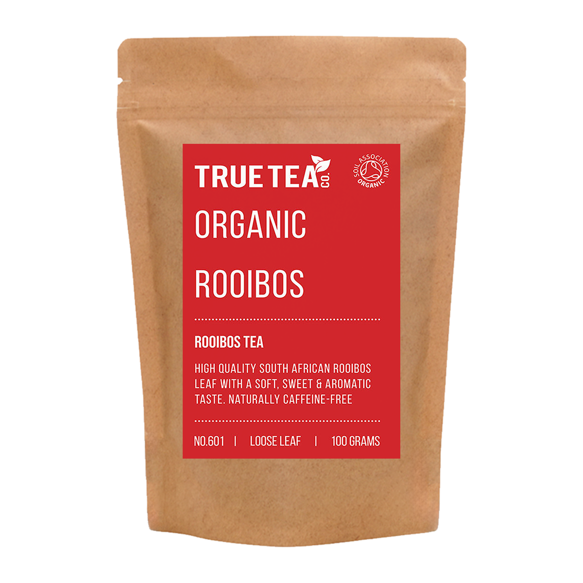 Organic Rooibos Tea product packaging. A red label placed on a brown kraft bag which is eco friendly.
