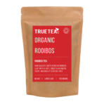 Organic Rooibos Tea product packaging. A red label placed on a brown kraft bag which is eco friendly.