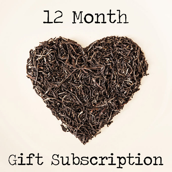 12 month tea club gift subscription text surrounded by a black heart made of ceylon tea leaves