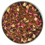 A rooibos tea blend with raspberries and rhubarb pieces