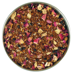 A rooibos tea blend with raspberries and rhubarb pieces