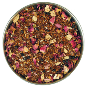 A rooibos tea blend with raspberries and rhubarb pieces