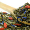 A delicious sencha green tea base with Gojiberry and pomegranate arials. This green tea is a fruity delight and is further enhanced by fresh lemon grass and the decoration of blue cornflowers.