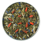 A delicious sencha green tea base with Gojiberry and pomegranate arials. This green tea is a fruity delight and is further enhanced by fresh lemon grass and the decoration of blue cornflowers.