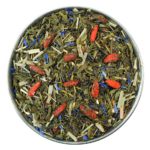 A delicious sencha green tea base with Gojiberry and pomegranate arials. This green tea is a fruity delight and is further enhanced by fresh lemon grass and the decoration of blue cornflowers.