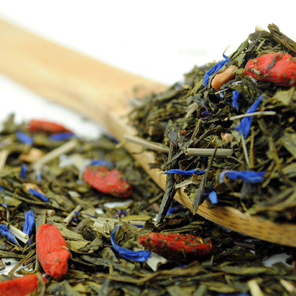 Sencha Gojiberry Green Tea Blend by True Tea Company A delicious sencha green tea base with Gojiberry and pomegranate arials. This green tea is a fruity delight and is further enhanced by fresh lemon grass and the decoration of blue cornflowers.