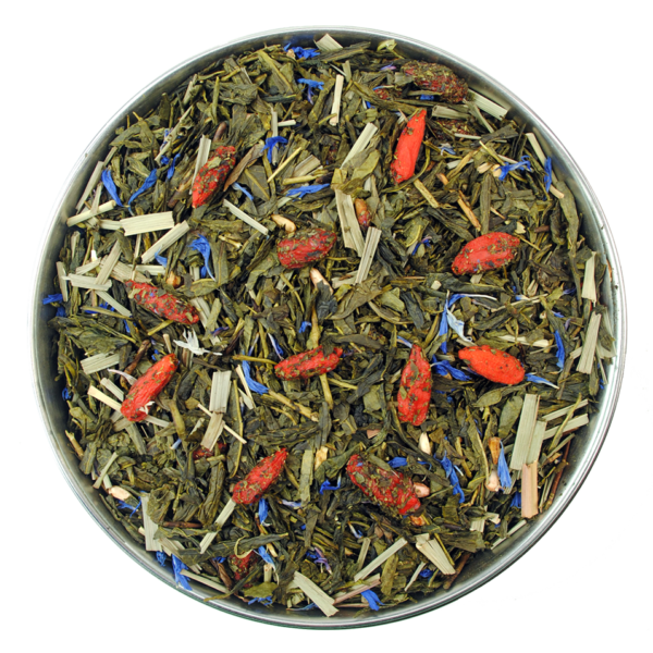 A delicious sencha green tea base with Gojiberry and pomegranate arials. This green tea is a fruity delight and is further enhanced by fresh lemon grass and the decoration of blue cornflowers.