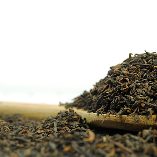 Yunnan Puerh Black Tea by True Tea Company an aged yunnan black tea on a wooden spoon