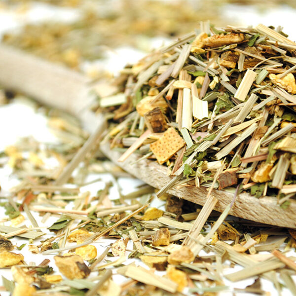 Ginger and Lemongrass Herbal Tea by True Tea Company a herbal tea with lemon and ginger pieces