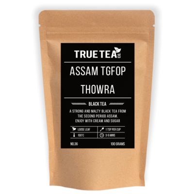 Assam Thowra TGFOP is a second flush black tea with lots of golden tips. In terms of taste, expect an Assam with a strong, richly spicy and malty flavour.