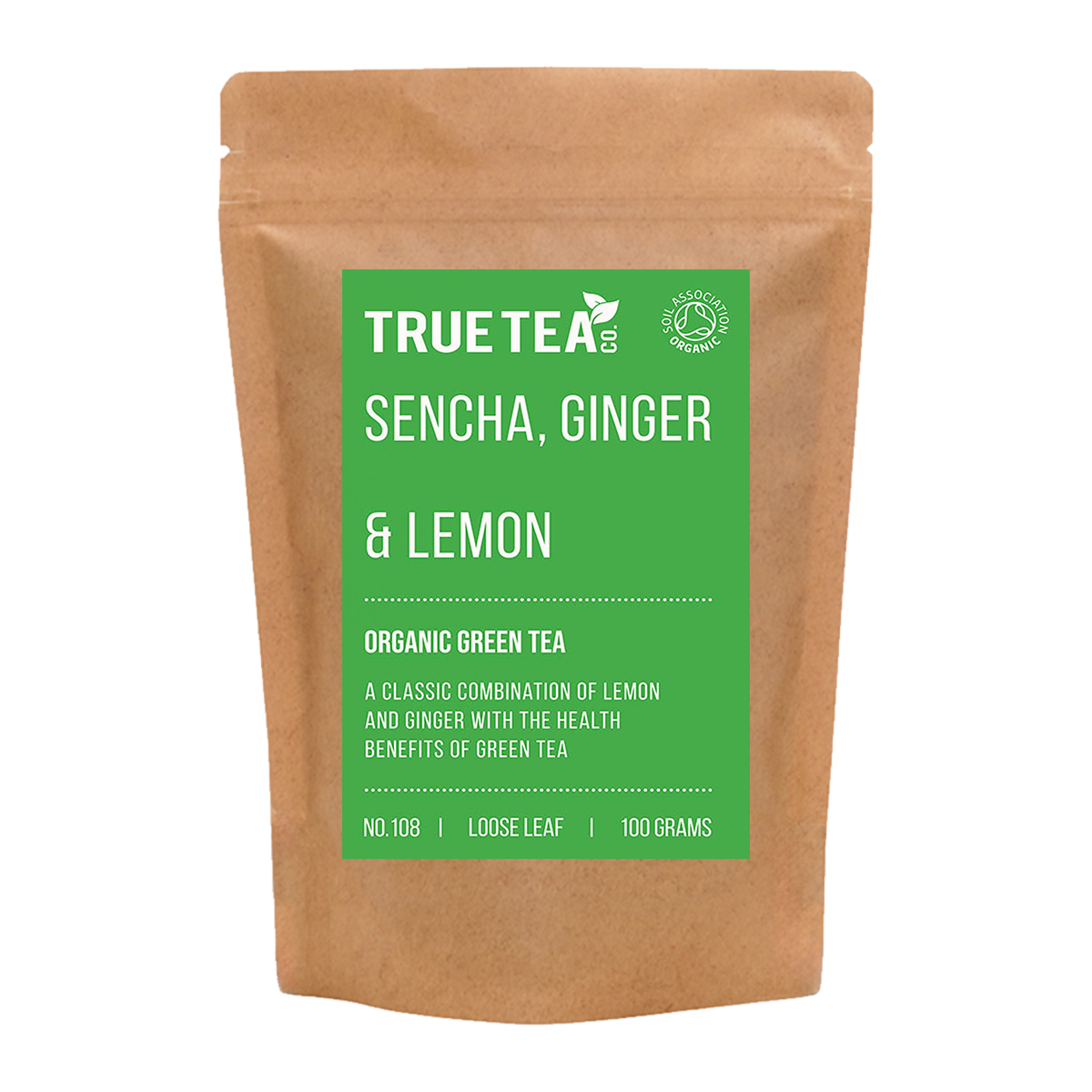 Sencha, Ginger and Lemon Green Tea product packaging. A green label on top of a brown Kraft packet which is eco friendly.