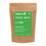 Sencha, Ginger and Lemon Green Tea product packaging. A green label on top of a brown Kraft packet which is eco friendly.