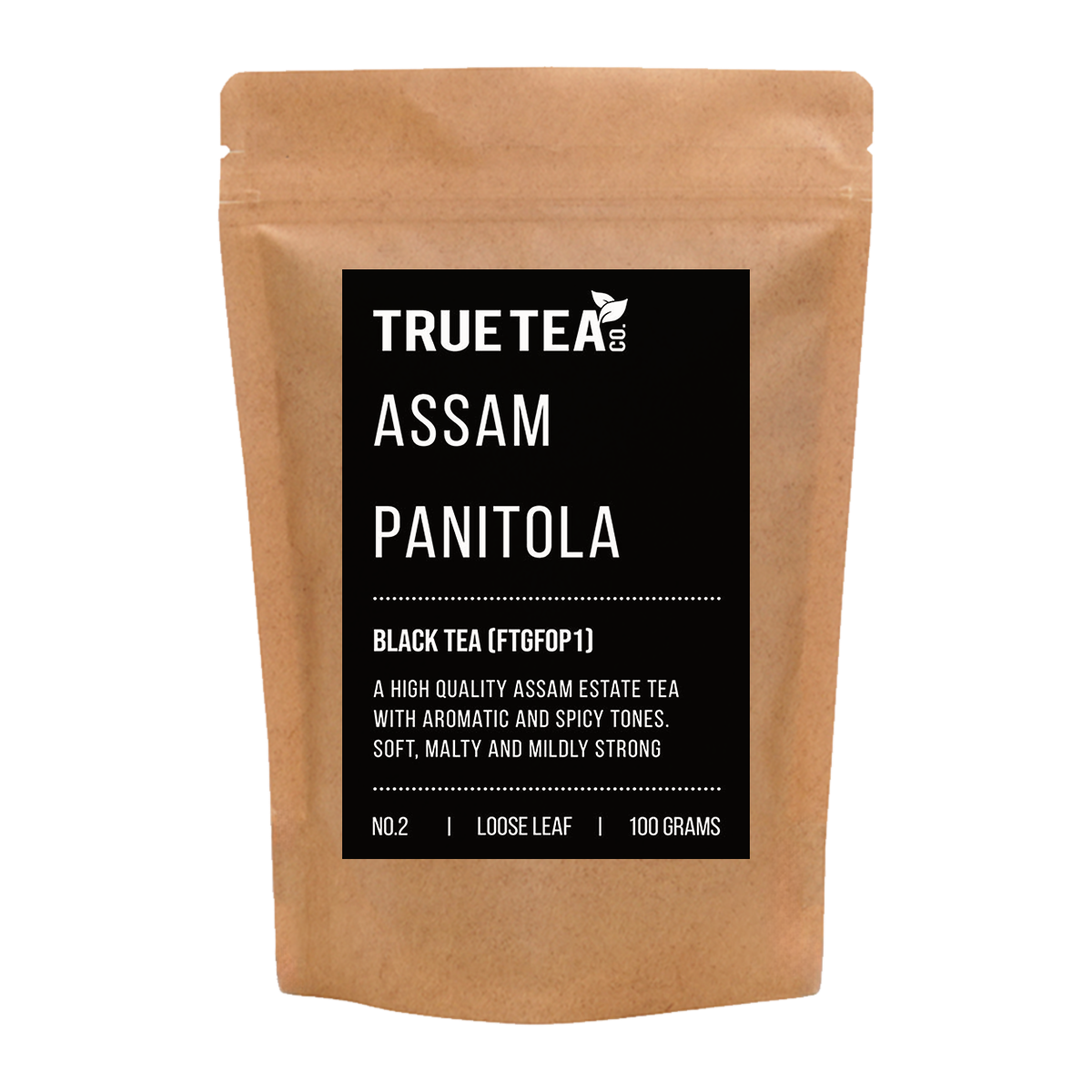 Assam Panitola Black Tea Retail Packet which consists of a brown kraft bag with a black label on the front.