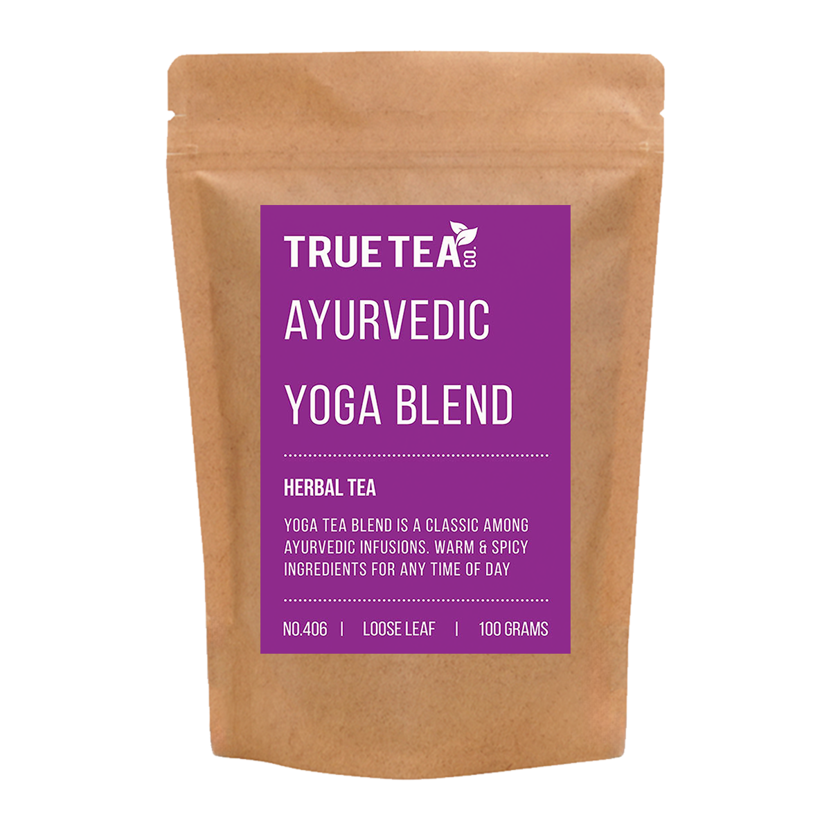 Ayurvedic Yoga Blend Herbal Tea in Kraft Packaging by True Tea Company. A Yoga Tea with a colour label.
