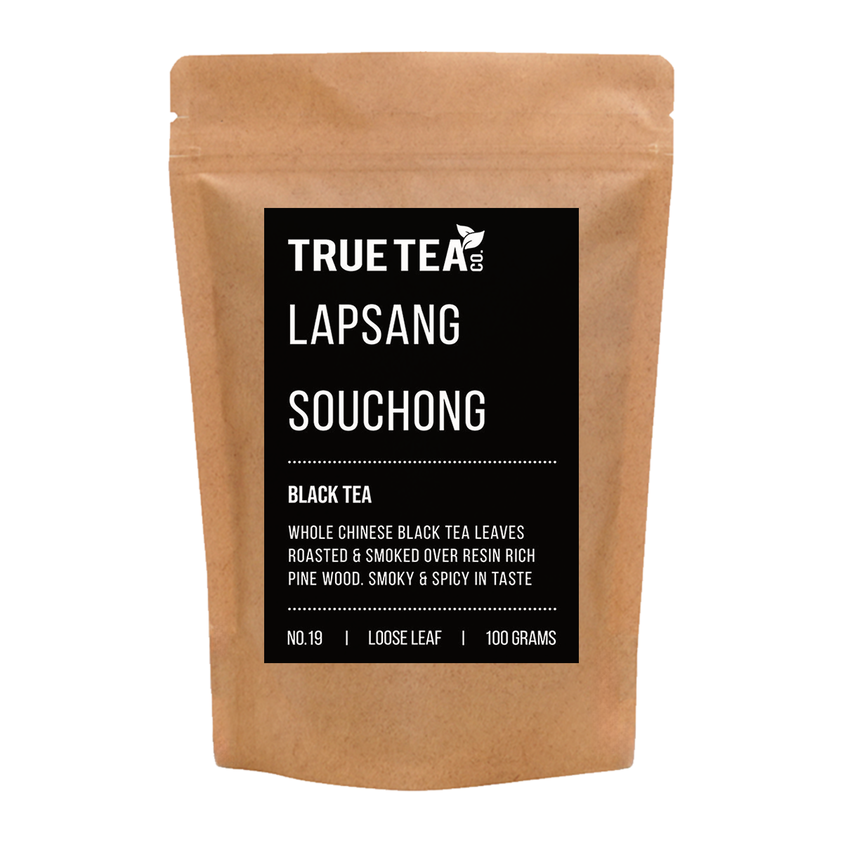 Lapsang Souchong Tea in an eco friendly kraft packaging.