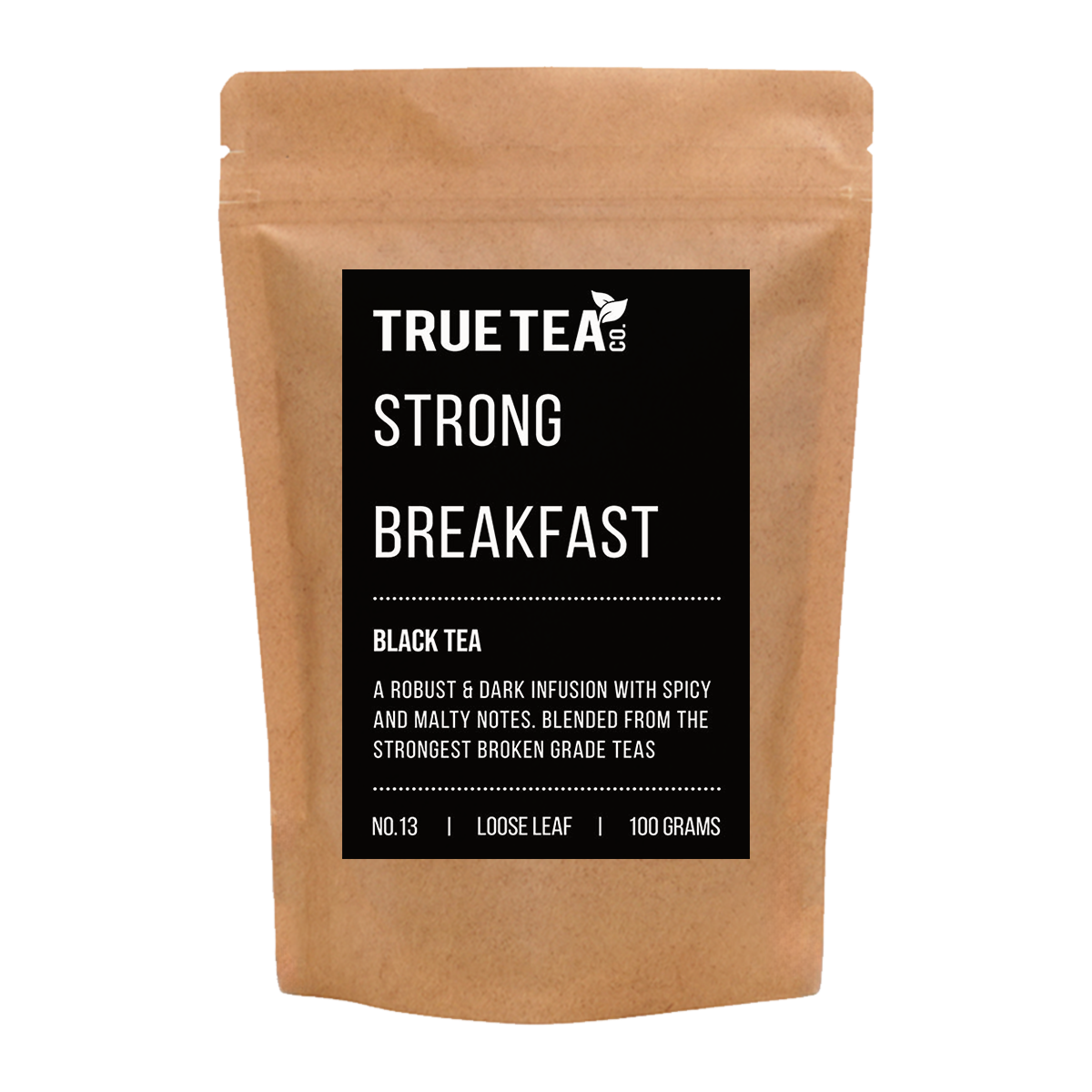 Strong Breakfast Tea in a brown kraft packaging with a black label. The bag pictured is resealable for loose leaf tea.